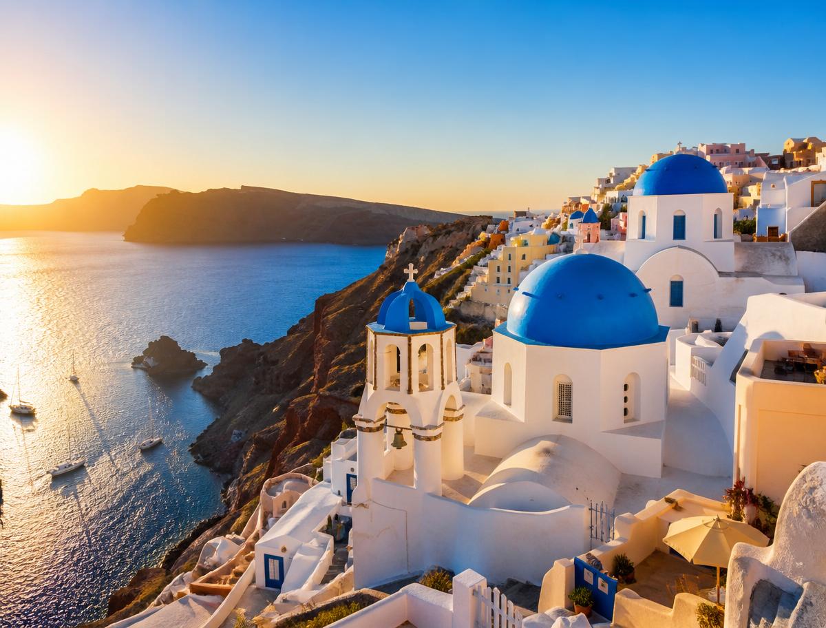 Whitewashed blue-domed churches of Santorini, Greece above the Aegean Sea